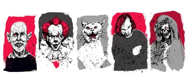A lineup of five illustrated Stephen King horror characters, including Pennywise, Church, and Jack Torrance.